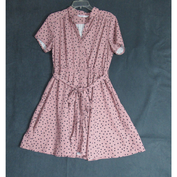 Eshakti Dress Womens Large 12 Pink Polka Dot Belted Shirt Preppy Feminine Work - Picture 1 of 7